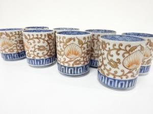 古伊万里　染付　金彩　唐草　のぞき　8客